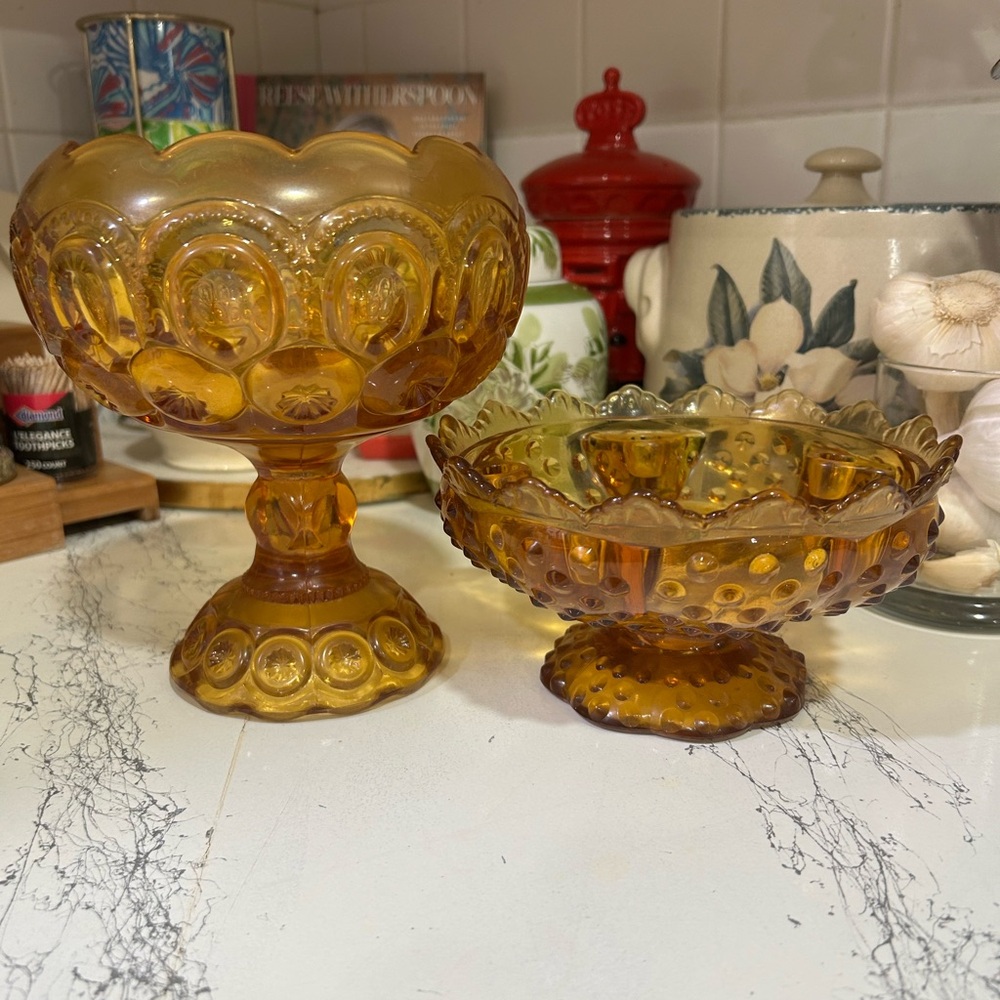 vintage amber glass L E Smith moon and stars candy dish and fenton candelabra